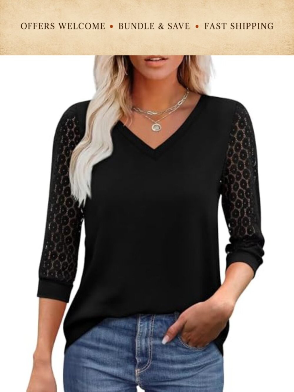 Women's V-Neck Lace 3/4 Sleeve Blouse Loose Fit Casual Work Top
